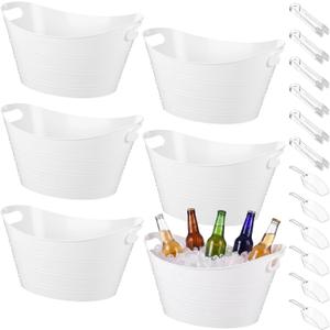 meekoo 6 Set Large Plastic Ice Buckets Bulk with Handle Scoop Tong,White 