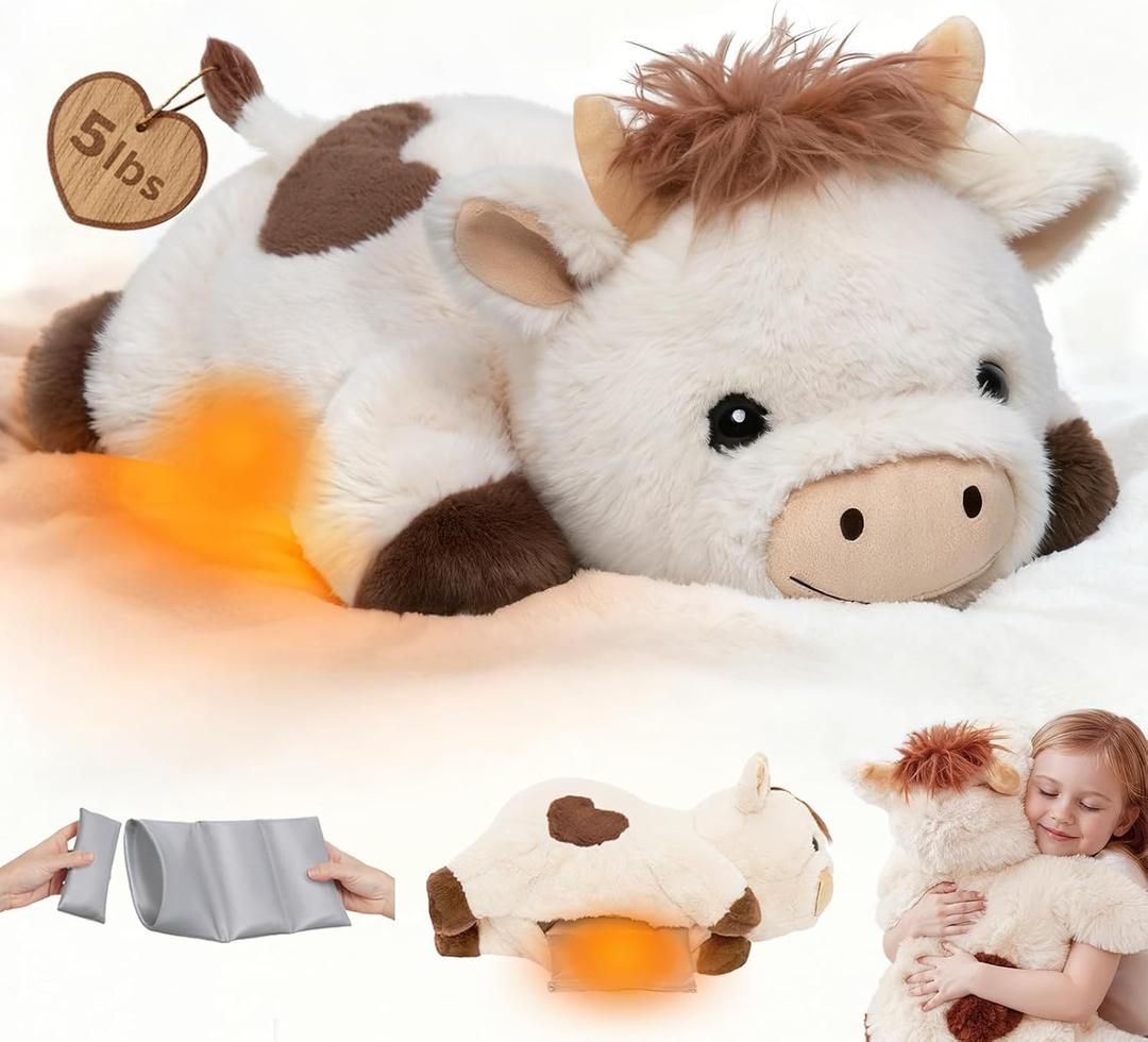 Mewaii Weighted Stuffed Animals with Microwavable Heating Pad - 5 lbs Adjustable, Heatable & Coolable Cow Plush for Realistic Hug, Removable Inner Pad, Perfect Plush Gift for Kids, Adults (23 Inch) (Yellow & Brown)