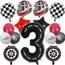 Race Car Balloons, Race Car 3 Balloons Birthday Decorations Boy Racetrack Wheel Tire Checkered Balloon 3rd Birthday for Racing Cars 3 Year Old Party Supplies, Pack of 2