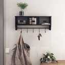 HBCY Creations Wall Mounted Shelf with Coat Hooks and Baskets, Solid Wood Entryway Organizer Wall Shelf with Hooks - Hang Coats, Keys or Coffee Mugs, Rustic Blackwash 24" Wide, Black