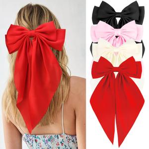 Velscrun Black Beige Pink Red Hair Bows for Women Girls, Silky Satin Large Coquette Bow, Oversized Hair Ribbons 4Pcs Big Bows Clip Long Tail Bowknot Hair Barrettes Christmas Bow Accessories