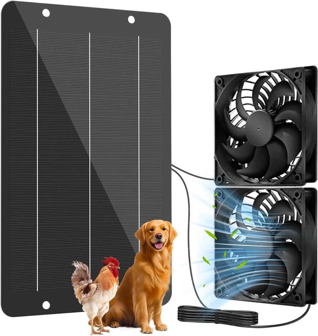 NHZOTUD Solar Powered Fan Kit 12.6 Inch IPX7 Weatherproof, 15W Solar Panel with 2 Waterproof Fans, Intake or Exhaust Air Fan for Outside Backyard Chicken Coops, Greenhouses, Doghouse