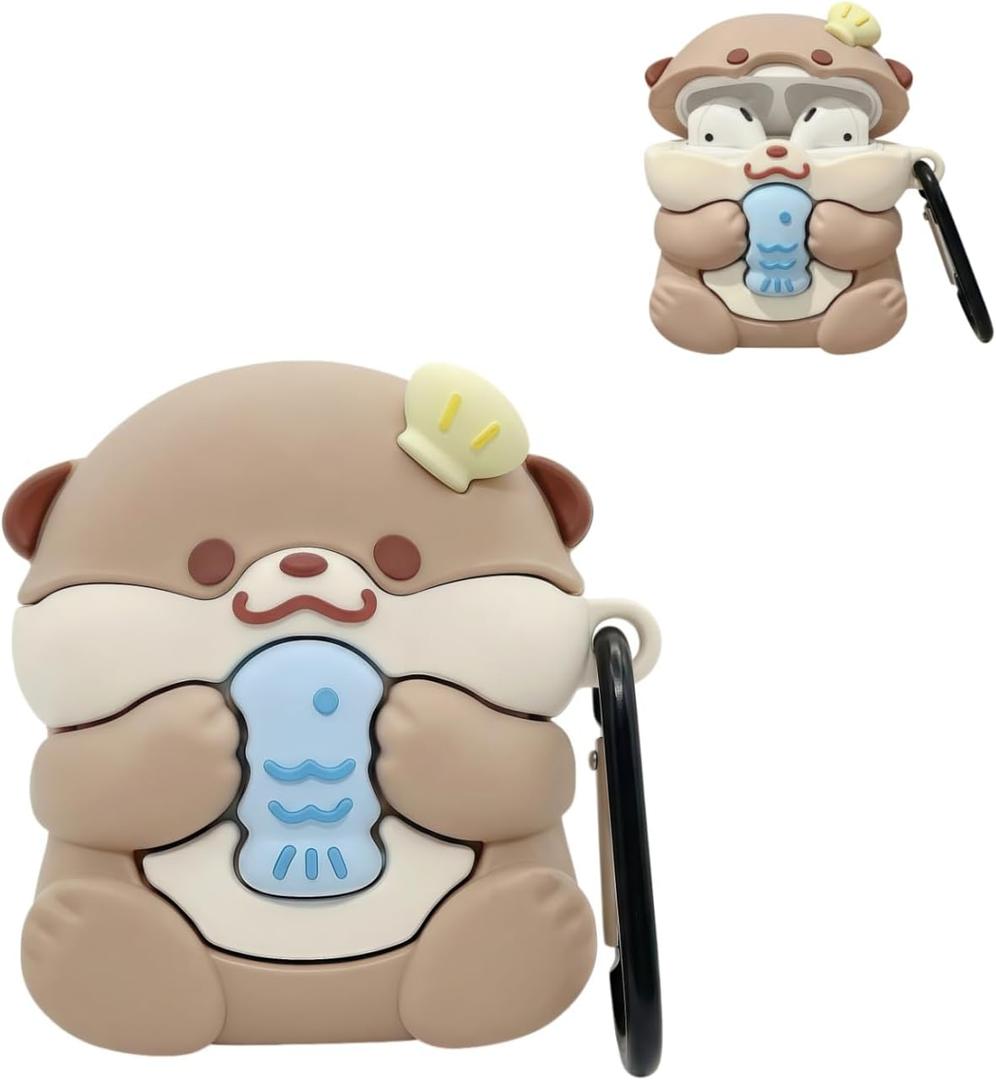 Case Compatible with Airpods 1 & 2, 3D Cute Kawaii Baby Otter Design Keychain Case Cover, Portable Earbuds Accessories Soft Silicone Shockproof Wireless Earphone Protector with Hook