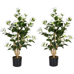 2 Pack 3FT Artificial Camellia Trees in Pots, White Flowers