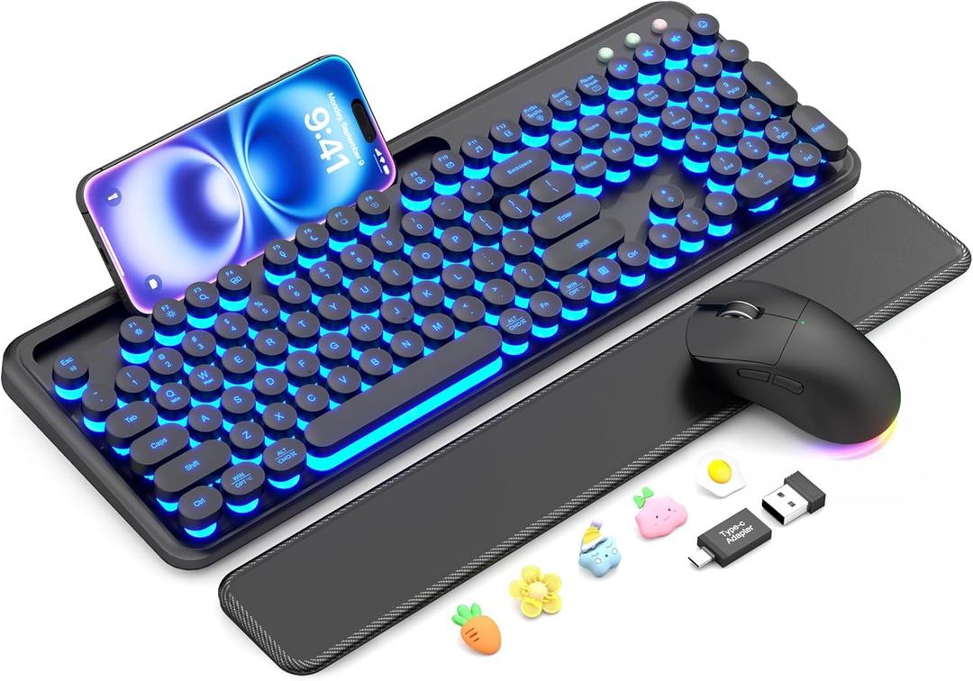 Wireless Keyboard and Mouse Combo - Backlit Typewriter Keyboard with Magnetic Wrist Rest & Phone Holder, Light Up Round Keycaps, 2.4GHz Cordless Set for Mac, Windows, PC, Laptop, SABLUTE (Classic Black)