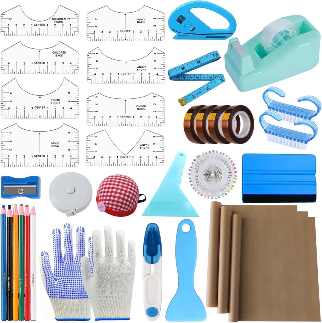 XEUZK Sublimation Shirts Tool Kits With 8 T Shirt rulers, 3Pack Teflon Sheet for Heat Press 12*16in, Heat Resistant Gloves With Silicone Bumps, 2 Rolls Heat Resistant Tape & Sublimation pencil (Blue)
