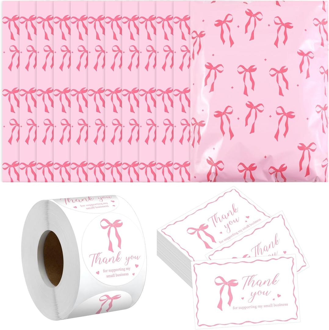 200 Pack 10x13 Pink Bow Poly Mailers Set Waterproof Self Adhesive Cute Shipping Bags with Thank Cards and Stickers Set for Small Business Large Mailing Envelopes Bulk Tear Resistant