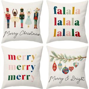 BBOLDIN Christmas Throw Pillow Covers 18x18, Colorful Nutcraker Pine Tree Pillow Cases Set of 4, Winter Holiday Cushion Covers Decorations for Indoor Sofa Living Room
