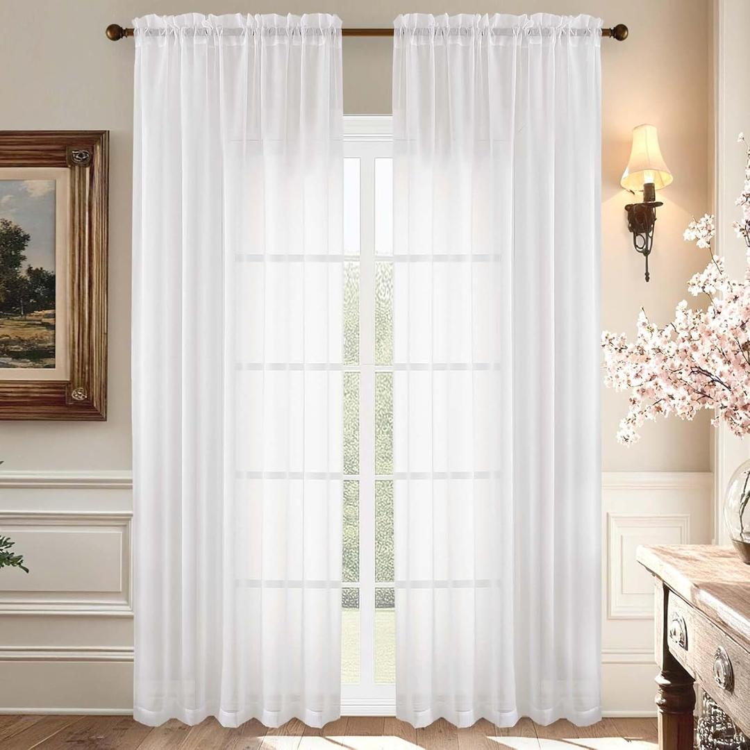 Aiyufeng White Sheer Curtains 90 Inches Long, Light Filtering Rod Pocket Solid Color Window Sheer Curtain Panels, Elegant Curtains & Drapes for Living Room, Bedroom 2 Panels (White, 59" W x 90" L)