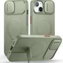 SURITCH for iPhone 15 Case with Magnetic Camera Slide Cover and Adjustable Kickstand, Compatible with MagSafe, Shockproof Bumper Case Slim Protective Cover 6.1 Inch, Green