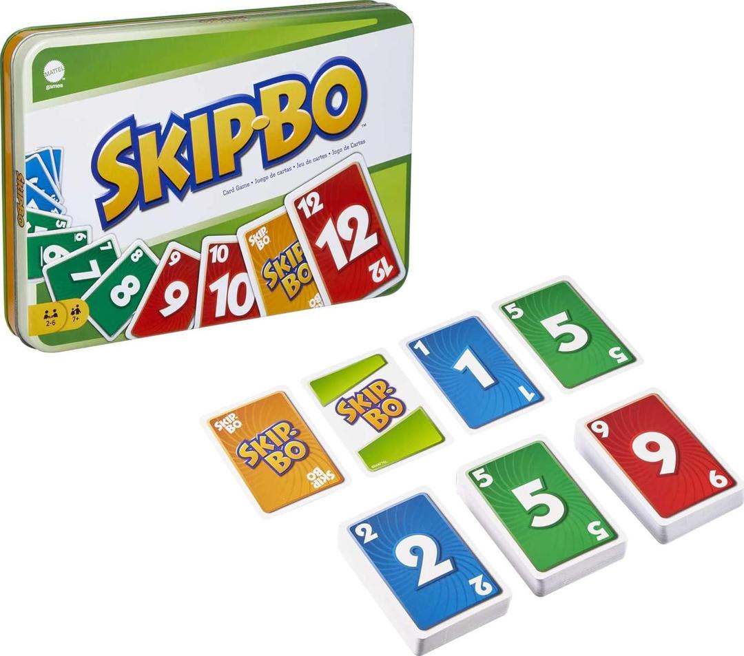 Mattel Games Skip Bo Card Game in Decorative Tin with 162 Cards, Sequencing Family Game for 2 to 6 Players, Kids Gift for Ages 7 Years & Older  