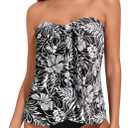 Tempt Me Two Piece Tankini Bathing Suits for Women Halter Bandeau Swim Top with Bottom Flyaway Tummy Control Swimsuit (XX-Large, Black White Floral)