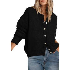PRETTYGARDEN Long Sleeve Crewneck Button Down Womens Sweaters Spring Open Front Chunky Cardigan Sweaters for Women 2025 (Black, Large)