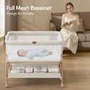 Baby Bassinet Bedside Crib, 3-in-1 Baby Bassinet Bedside Sleeper with Mattress and Soft, Breathable Sheet, Full-Mesh Sides, 6-Height Adjustable, Stable and Secure Crib for Newborns (Wood Grain Legs + Beige Bed)