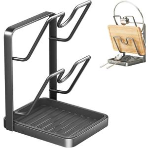 Kitchen Pot Lid Storage Rack, Pot Lid Holder With Tray,Multifunctional Storage Rack With Detachable Drip Tray For Easy Storage, Cloth Rack, Spoon Rack, Space Saving.