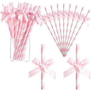 Potchen 150 Pcs Bow Straws Bulk Disposable Paper Bow Striped Drinking Straws for Graduations Cake Decorations Birthday Bridal Shower Wedding Bachelorette Baby Shower Party Supplies (Pink)