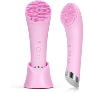 PRITECH Facial Cleansing Brush, Rechargeable Silicone Face Scrubber with Heat Massage End, Vibrating Exfoliator Scrubber for Deep Cleaning, Waterproof Face Brush for Women and Men (Pink)
