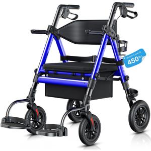 Walkers for Seniors 2 in 1 Wheelchair Combo, 450 lb Foldable Rollator Transport Chair with Seat, Heavy Duty Rolling Walker 10" Wheels for All Terrain, Blue