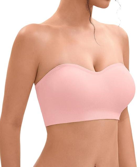 YHGV Strapless Bras for WomenPushUp NonSlip Bandeau Bra,Seamless Wirefree Padded Tube Top Convertible Straps Bralette Rose Tan, Large