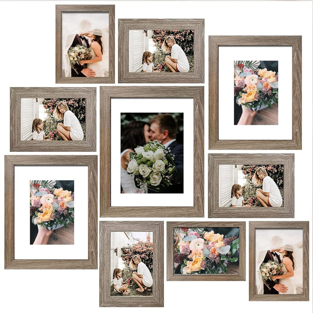 SESEAT Picture Frames Collage, Gallery Wall Frame Set with 11x14 8x10 5x7 4x6 Frames in Light Brown Finishes, Set of 10