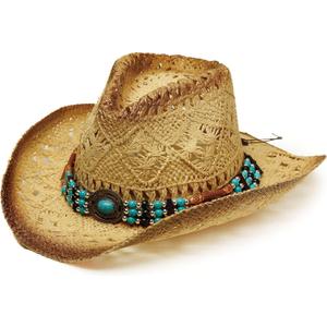 Western Straw Cowboy and Cowgirl Hats with Decorative Bands - Unisex Wide Brim Raffia Style Sun Hat (One Size-Medium, Light Raffia) Western Straw Cowboy and Cowgirl Hats with Decorative Bands - Unisex Wide Brim Raffia Style Sun Hat (One Size-Medium, Light Raffia)