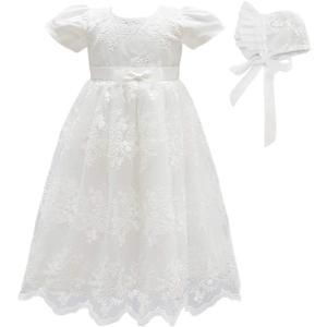 Glamulice Baby Girls Flower Christening Baptism Dress Formal Party Special Occasion Dresses for Toddler  White Newborn Girl Wedding Birthday Ceremony Pageant Ball Gown Holiday Church Outfits 6M