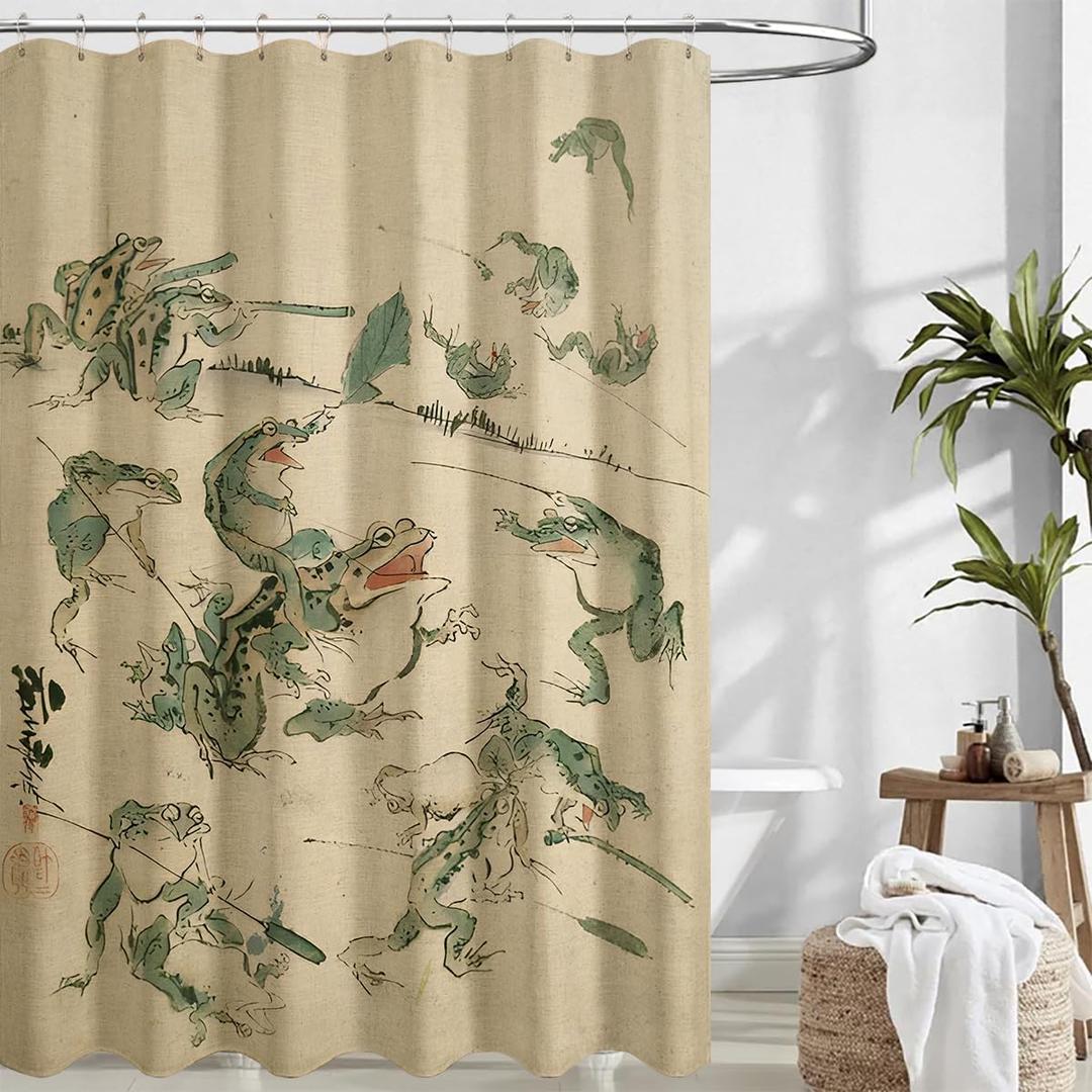 Linen Fabric Funny Frog Shower Curtain - Japanese Retro Bathroom Decor with 12 Hooks, Waterproof Natural Linen, 72x72 Inches