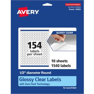 Avery Glossy Clear Round Labels, Sure Feed Technology, 0.5" Diameter, 1,540 Glossy Clear Labels, Print-to-The-Edge, Laser/Inkjet Printable