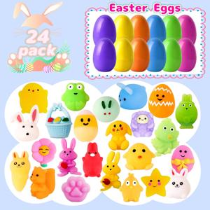 24 Pcs Easter Egg Filled with Mochi Squishy Toys  Kawaii Easter Basket Stuffers, Egg Hunt Prizes, Stress Reliever Squishy Toy for Kids Party Favor, Classroom Prize Supplies