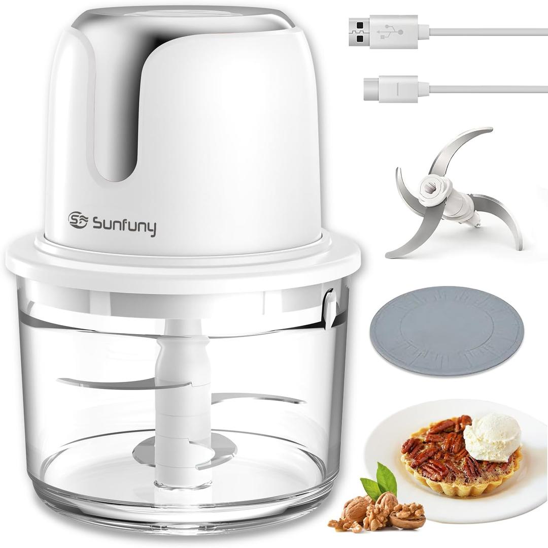 Food Processor Cordless, Small Wireless Chopper with 5-Cup Glass Bowl, 6000mAh Battery USB-C Rechargeable Electric Vegetable Chopper Meat Blender Kitchen Mixer for Garlic, Onion, Salad,Xmas Gift,White (1.2L)