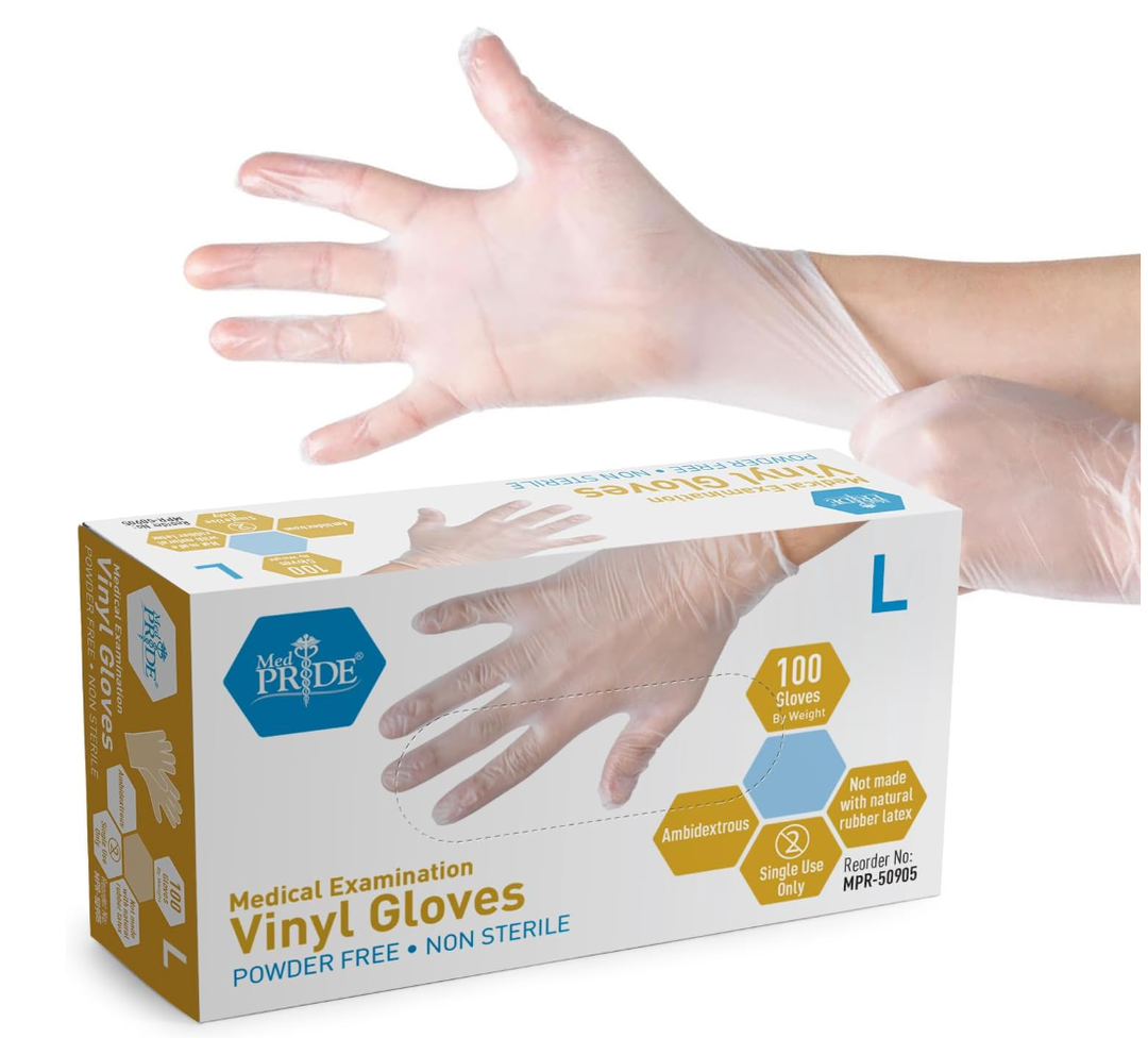 MED PRIDE Medical Vinyl Examination Gloves (Large, 100-Count) Latex & Rubber Free, Ultra-Strong, Clear Disposable Powder-Free Gloves for Healthcare & Food Handling Use