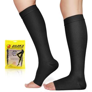 Ailaka 20-30 mmHg Open Toe Compression Socks for Women Men, Medical Grade Graduated Compression Knee High Socks, Wide Calf Toeless Support for Circulation, Plantar Fasciitis, Travel, Flying, Post Surgery Recovery(BK,M)