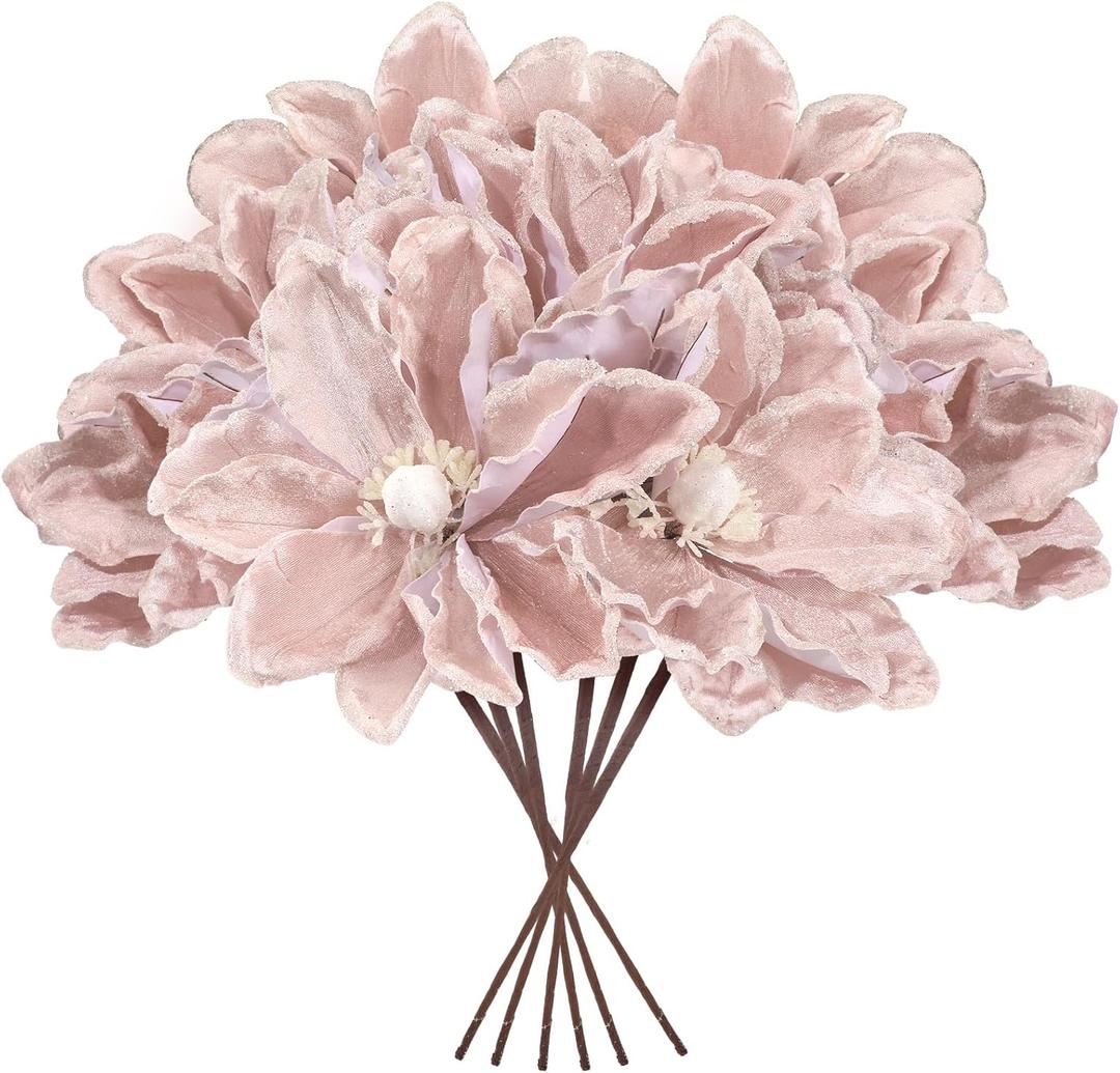 8 Pcs Large Christmas Flower Magnolia Flowers Christmas Tree Decoration Artificial Poinsettia Stems Velvet Xmas Ornaments for Xmas Tree Table Decor(Pink, 12 Inch)