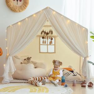 Kids Play Tent with Padded Mat, Kids Tents Large Princess Castle Pompoms Play House Indoor Playhouse Tent for Girl Bed Tents (Neutral)