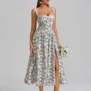 KUTUMAI Floral Corset Midi Dress Flowy Slit Summer Spring Wedding Guest Dresses for Women Sundress with Pockets (XS)