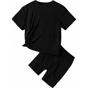 WDIRARA Girl's Ribbed Short Sleeve Top and Biker Shorts Set 2 Piece Summer Outfits, Black, 130