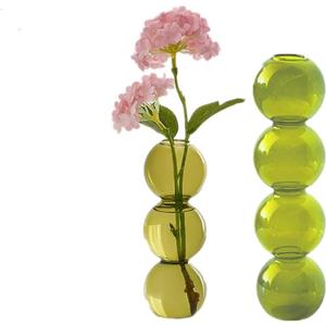 Glass Bud Vase Set of 2, Bubble Hydroponic Vase Small Glass Flower Vase Clear Centerpieces for Wedding Rustic Home Decor, Decorative Glass Bottles for Office Table Dcoration (Green) (Yellow,Blue,Green)