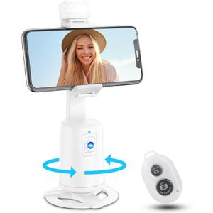 Auto Face Tracking Tripod 360 Rotating Cell Phone Photo and Video Kits Stand, No App, Camera Stand with Remote and Gesture Control, Rechargeable Smart Shooting Stand for Live Recording Tiktok (White)