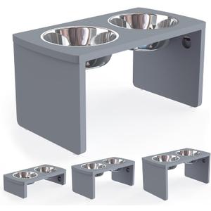 Elevated Dog Bowls, Bamboo Raised Dog Bowl for Large Dogs & Medium Dogs, with 2 Stainless Steel Bowls (10'' Tall–48 oz Bowl, Grey)