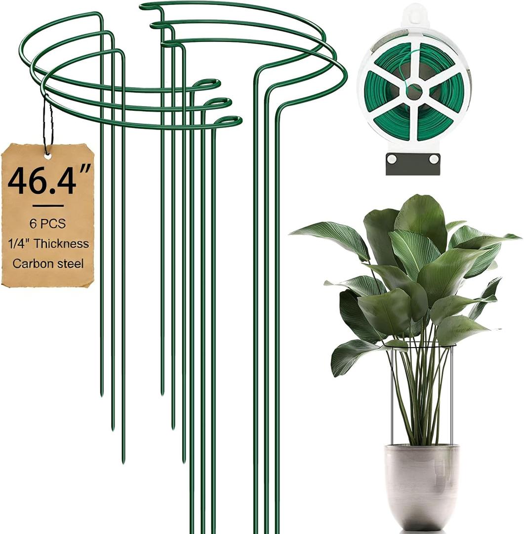 6-Pack 46.3 Plant Support Stakes, Steel Plant Cage & Peony Tomato Hydrangea Cage, Garden Stakes for Outdoor Plants, Heavy-Duty Plant Stakes, 16.7 Support + 29.6 Extension Tubes