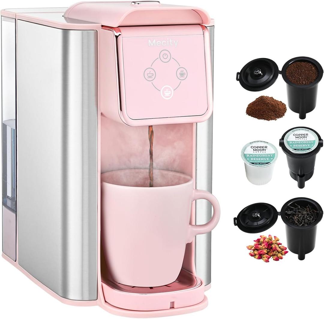 Mecity Pink Coffee Maker 3-in-1 Single Serve Coffee Machine, For Flat Bottom Coffee Capsule, Ground Coffee, 6 to 10 Ounce Cup, Removable 50 Oz Water Reservoir, 120V 1150W (50 fl.Oz)