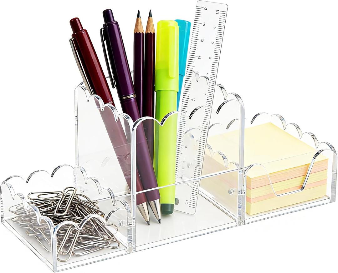 YAGELI Clear Acrylic Desk Organizer Set of 3, Magnetic Modular Pen Holder with Sticky Notes & Paperclip Tray, Aesthetic Desk Accessories for Home Office & Minimalist Decor