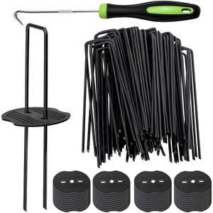 Bakulyor 200pcs Black Landscape Staples + 200pcs Buffer Washer, 6 Inch 11 Gauge Garden Stakes Staples, U Shaped Galvanized Lawn Pins Heavy Duty Yard Ground Pin for Weed Barrier Sod Fabric Decorations