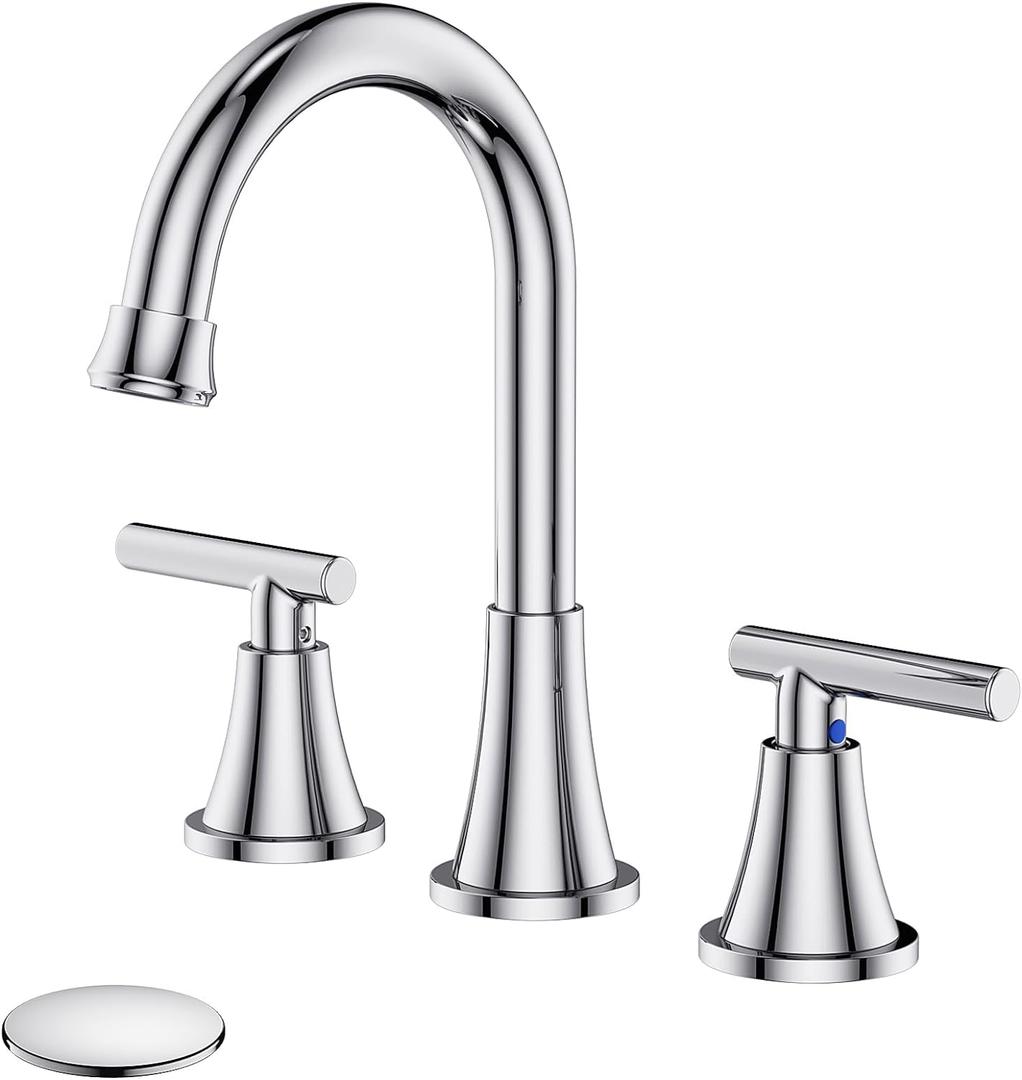 Bathroom Faucets for Sink 3 Hole, Hurran Chrome Bathroom Sink Faucet with Pop-up Drain and Supply Lines, Stainless Steel Lead-Free Widespread Faucet for Vanity RV Farmhouse Sink (8 Inch)