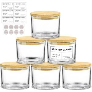 SUPMIND 16oz Candle Jars 6 Pack  3 Wick Large Empty Clear Glass Candle Making Vessels with Bamboo Lids, with Stickers and Labels, Bulk Candle Jars for Making Candles Containers  Dishwasher Safe