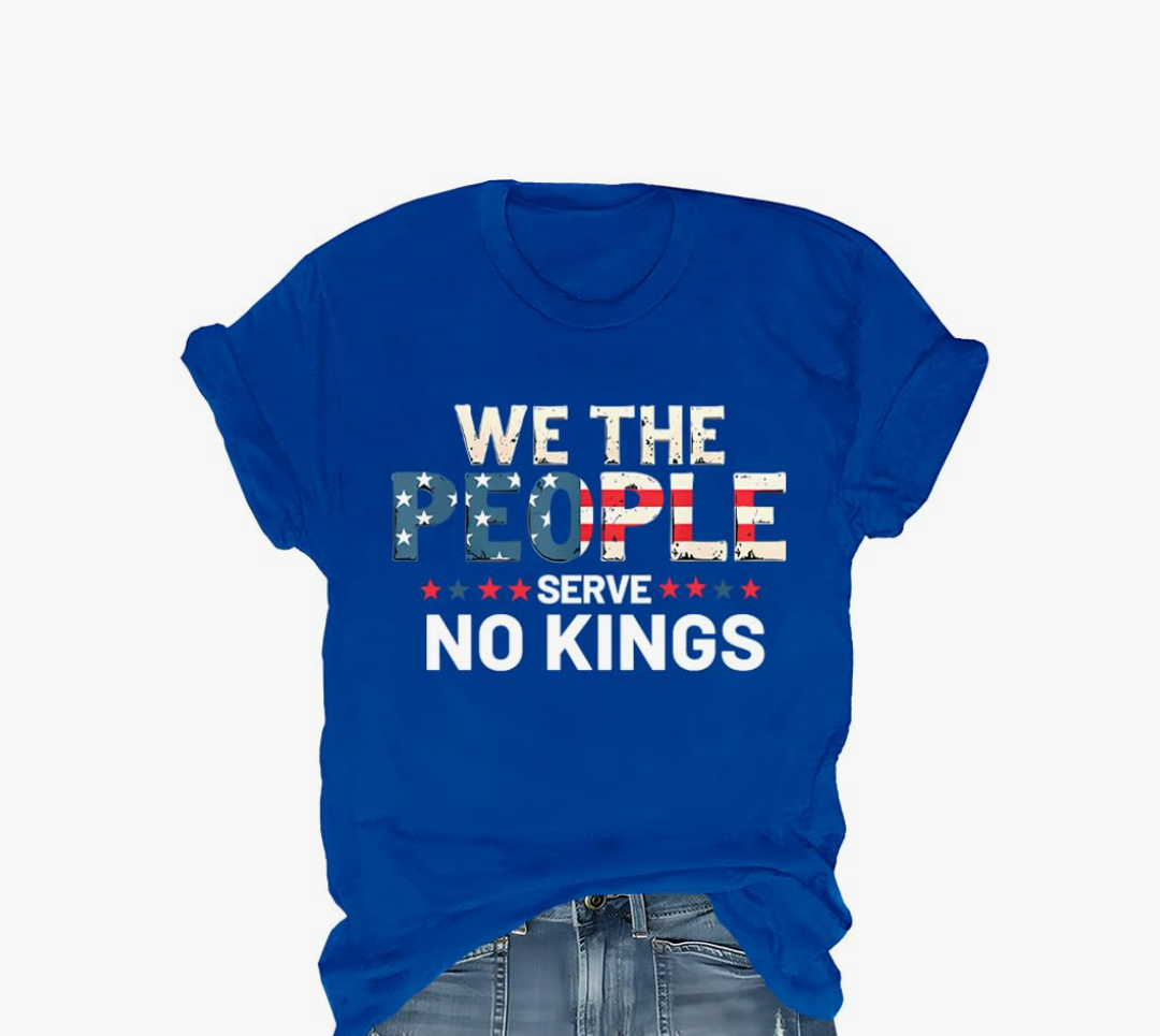 We The People Serve No Kings T-Shirt, No Kings in America Shirt Patriotic Graphic Tee for Women Men Size L (Navy Blue)