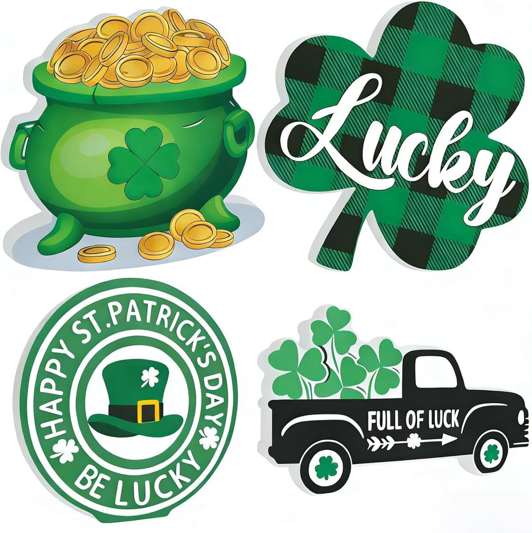 4 PCS St Patricks Day Tables Centerpieces Decorations Wooden, St Patricks Day Tiered Tray Decorations Set for Kitchen Office Home Indoor Mantel Decorations