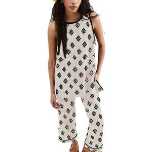 SCUSTY Women's 2 Piece Set Printed Lounge Matching Set Sleeveless Top & Long Pants Casual Loungewear Vacation Travel Outfits (Beige)