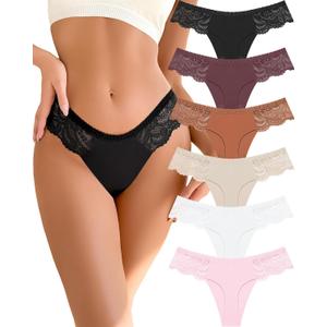 Seamless Underwear women Pack Thongs for Women No show Sexy Breathable Panties Ladies Lace Thong 6 Packs XS-XL (Medium, Black/Purple/Caramel/Complexion/White/Pink)