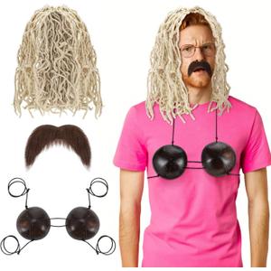 3 Pcs Funny Halloween Costume Accessories Set Includes 1 Mop Head Wig 1 Coconut Bikini Top Bra 1 Fake Mustache Halloween Themed Party Cosplay for Adult Men Women Drama Performance